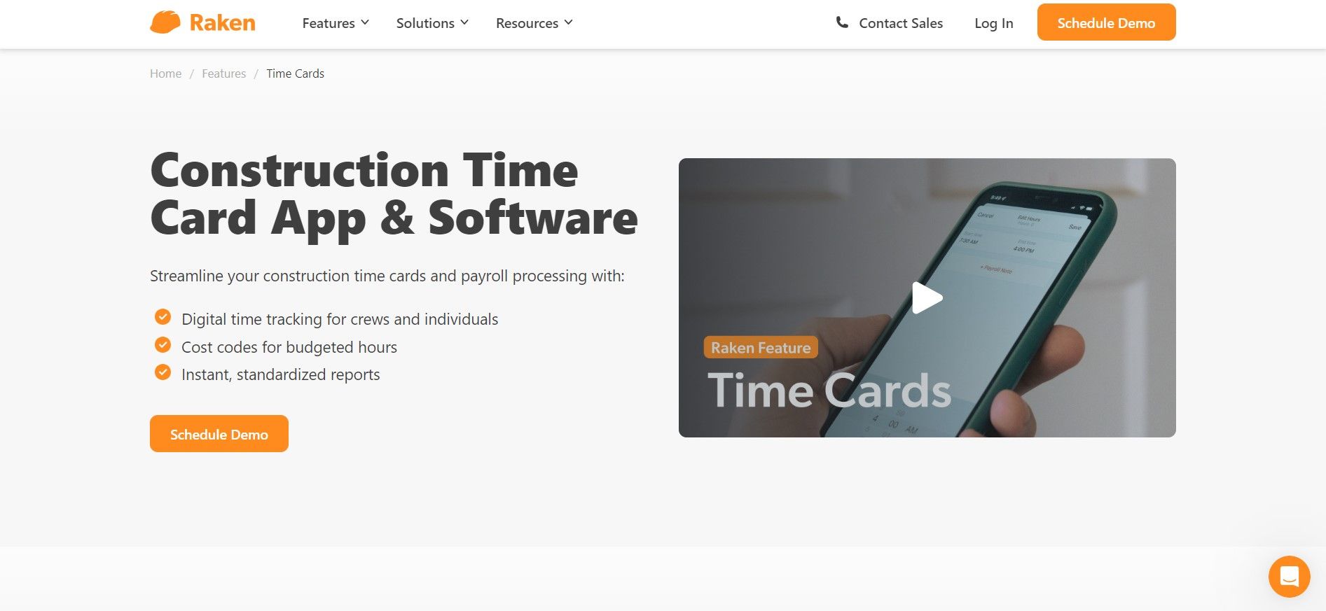 Homepage of Raken mentioning an image of moblie and 'construction time card app and software' beside it
