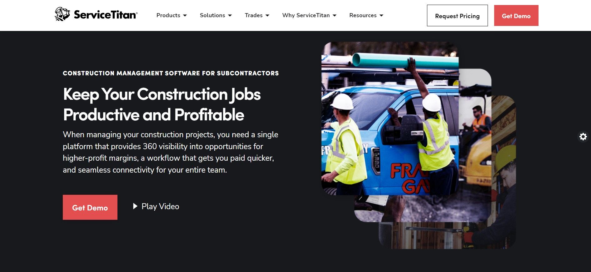 Servicetitan website's homepage where it's written 'construction management software software for subcontrctors'