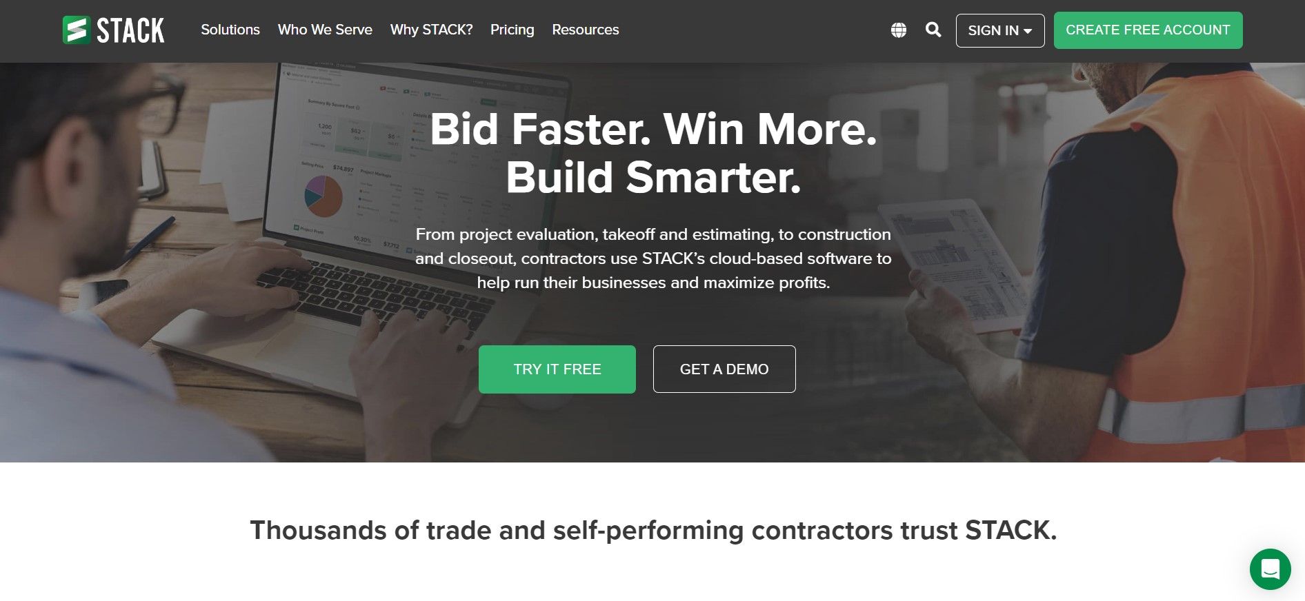 STACK homepage showing two workers with laptop and tab in hand besides mentioning in front 'Bid Faster. Win More. Build Smarter'