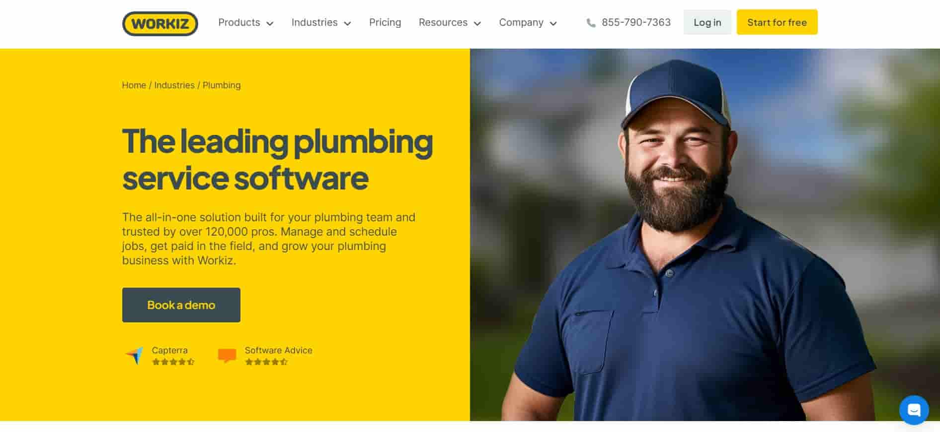 Image of Workiz's website homepage mentioning the leading plumbing service software