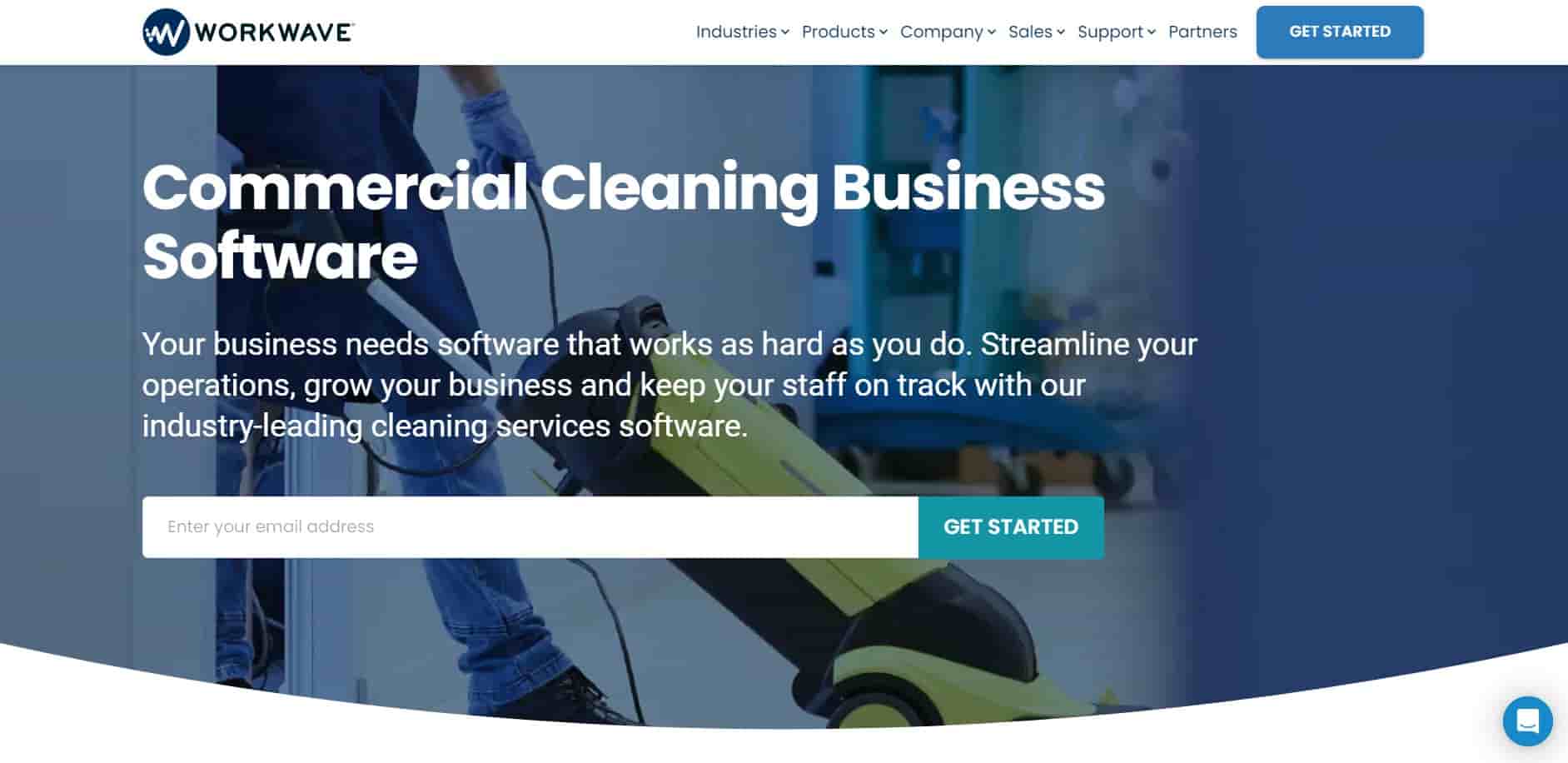 Website's homepage image of WorkWave where it says in bold "commercial cleaning software"