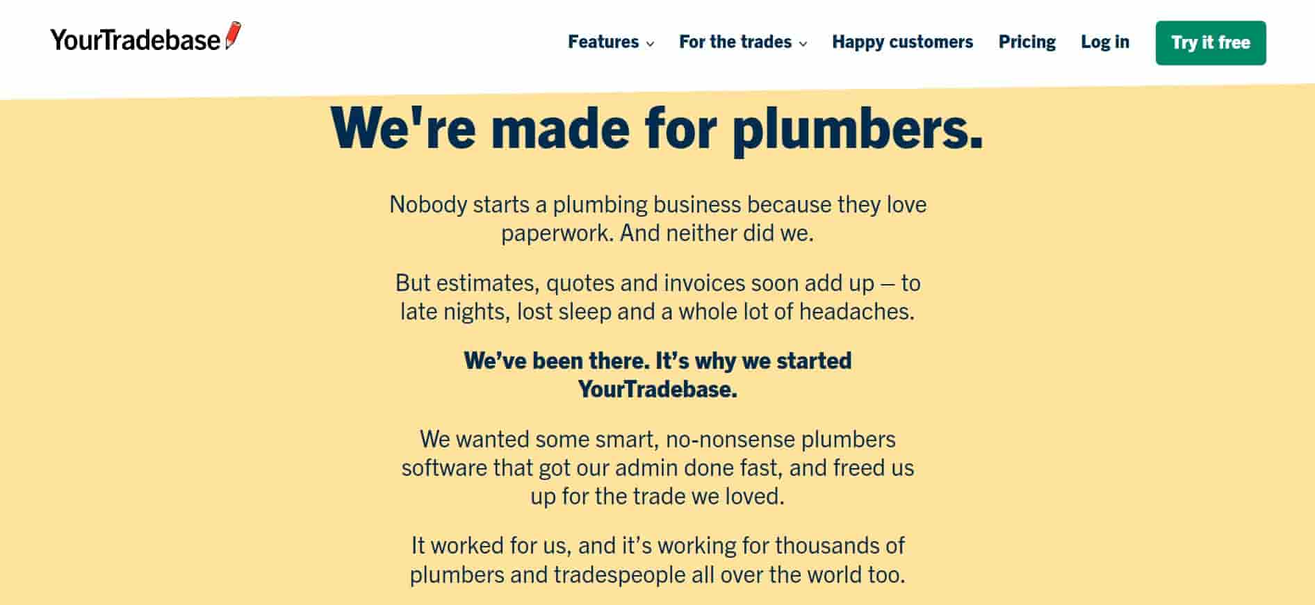 Image of YourTradebase's website mentioning 'we're made for plumbers'