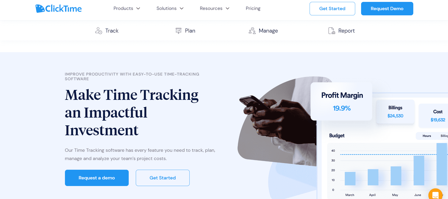 Homepage of 'ClickTime' one of the best small business time tracking software mentioning "make time tracking an impactful investment".