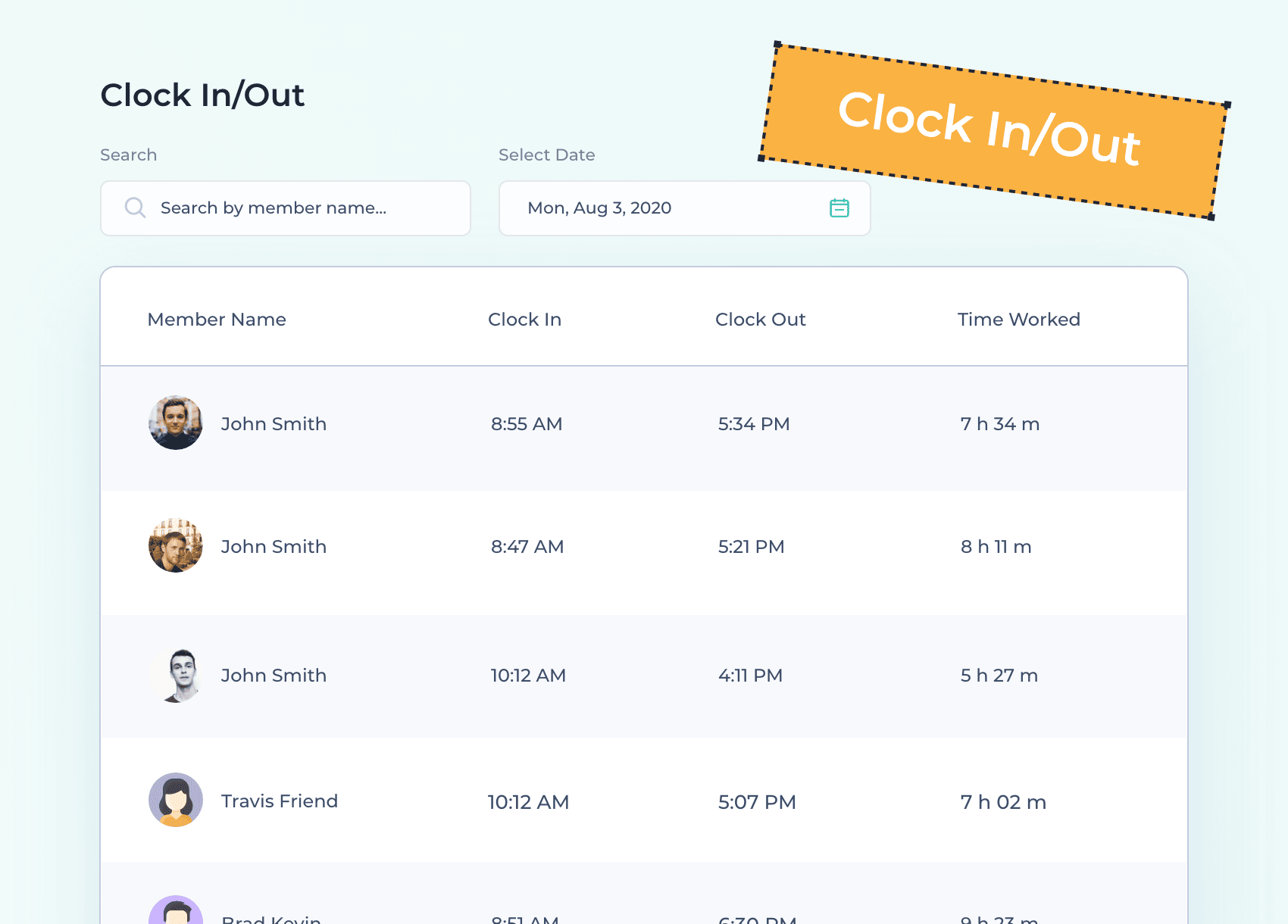 Clock in Clock out time for different members within an organization compiled automatically compiled by time tracker app.