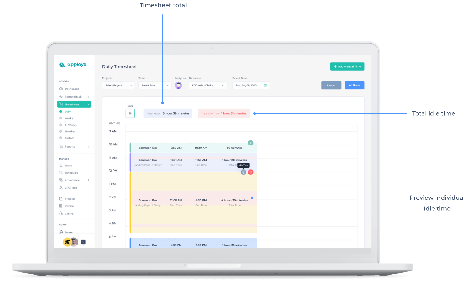 Timesheet showing insights and idle time of a specific employee.