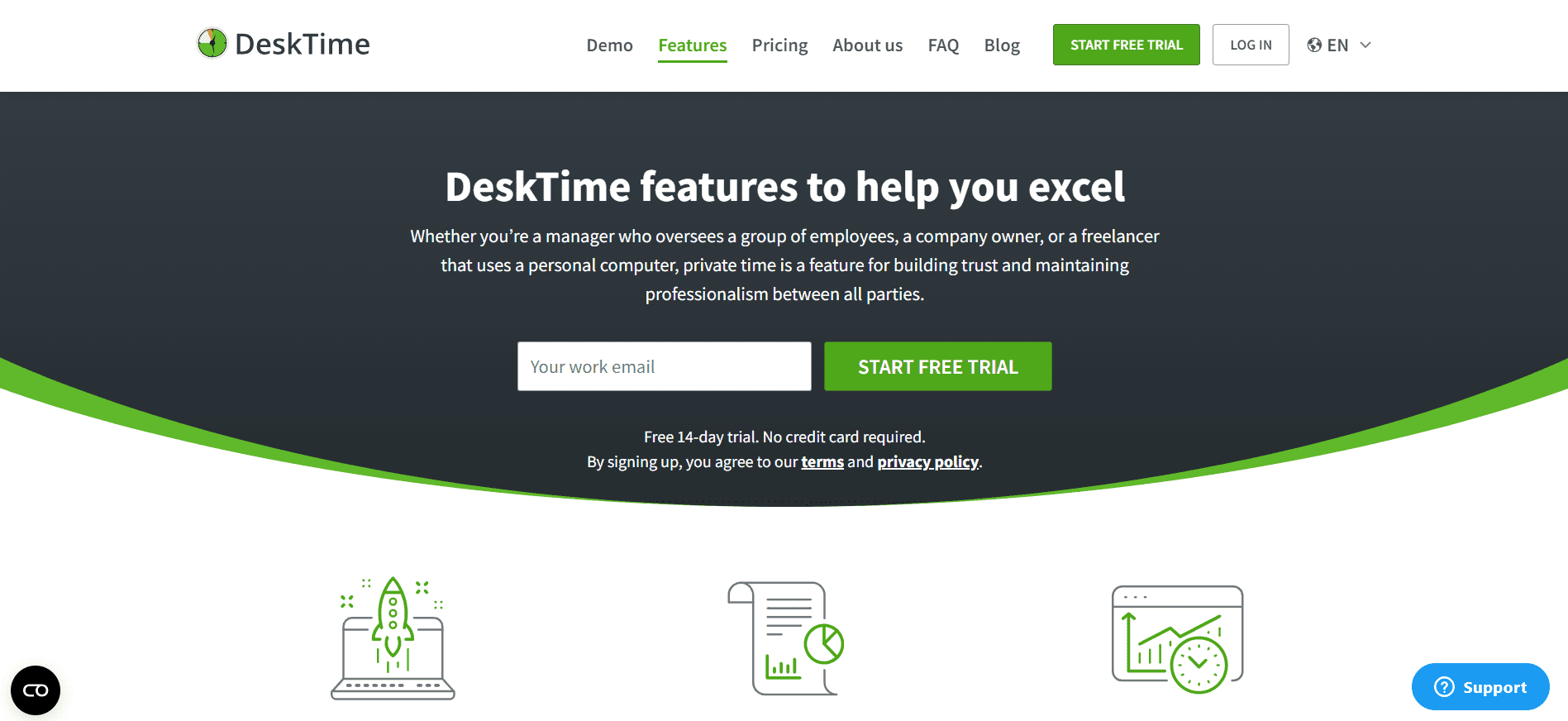 Homepage of 'Desktime' a very good small business time tracker.