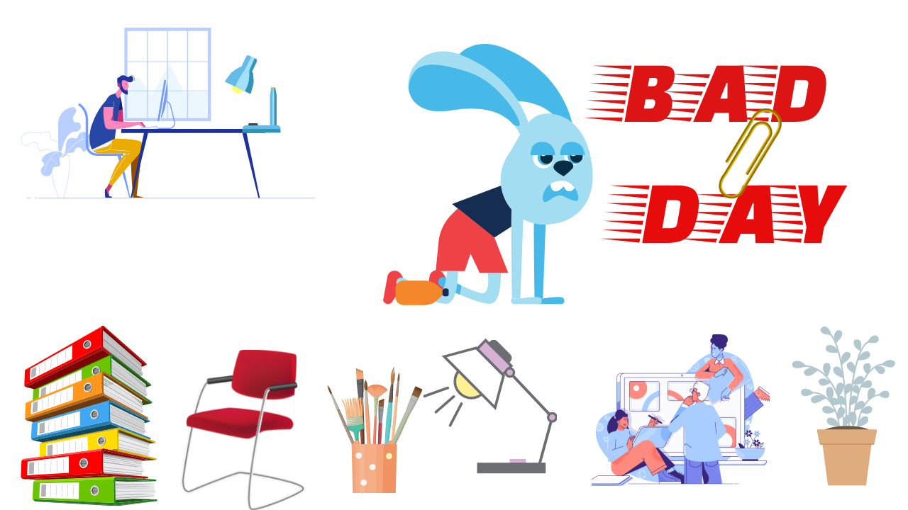 A person working with a desktop, a bunny getting tired with virtual office
