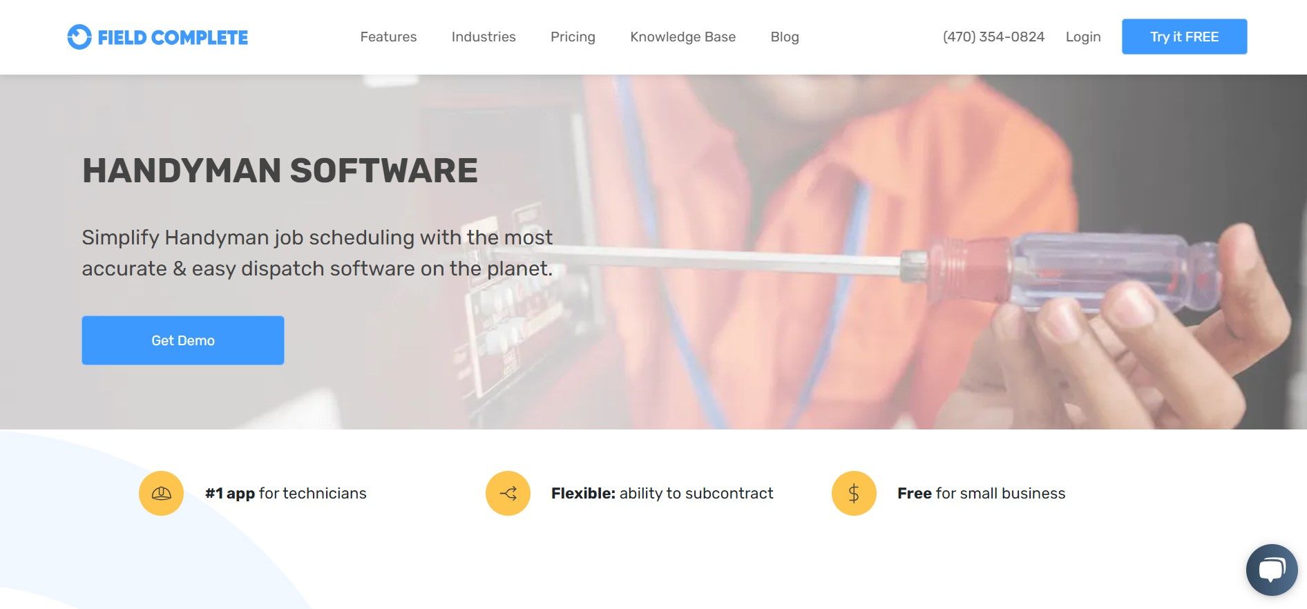 Field Complete (one of the top handyman software) website showing a handyman working in the background and mentions 'handyman software'