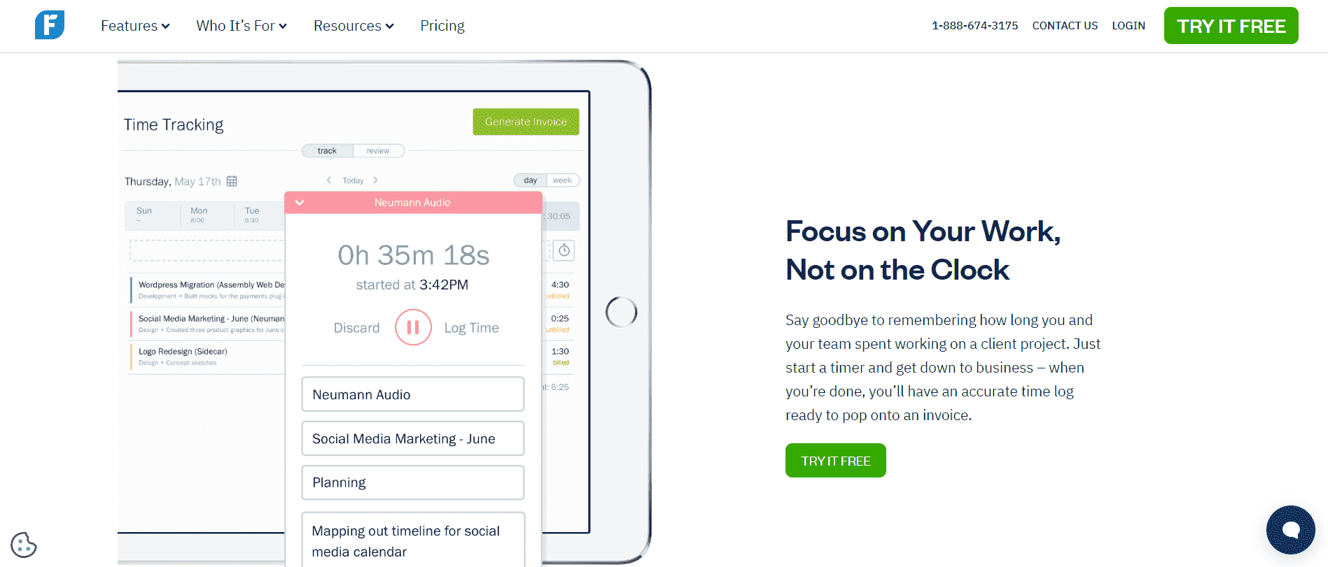 Homepage of 'freshbooks' time tracker section, showing time tracking data and mentioning 'focus on your work, not the clock".