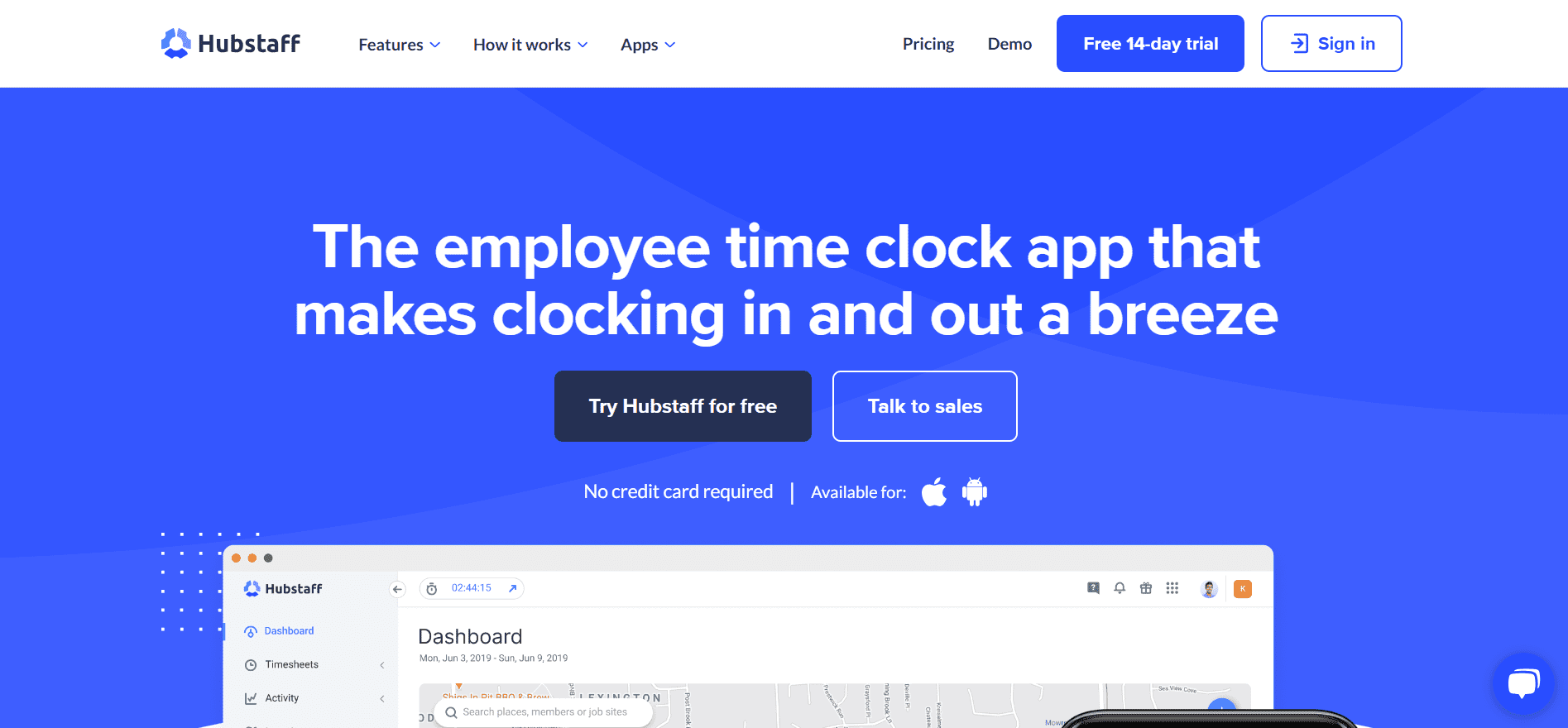 Homepage of another best time tracking app 'Hubstaff' saying "the employee time clock app that makes clocking in and out a breeze".