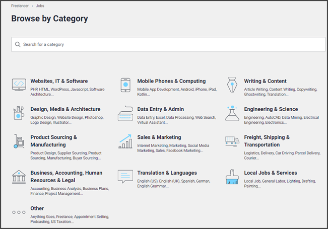 Job categories shown in Freelancer.com