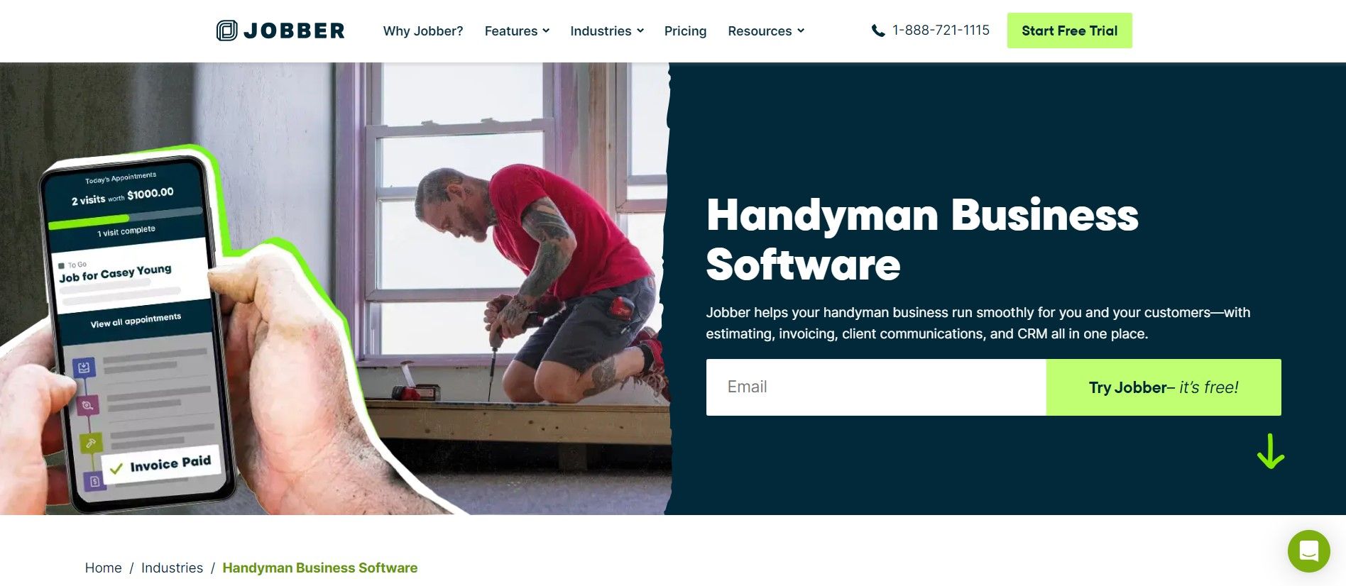 Jobber website page showing handyman working and mentions 'handyman business software'