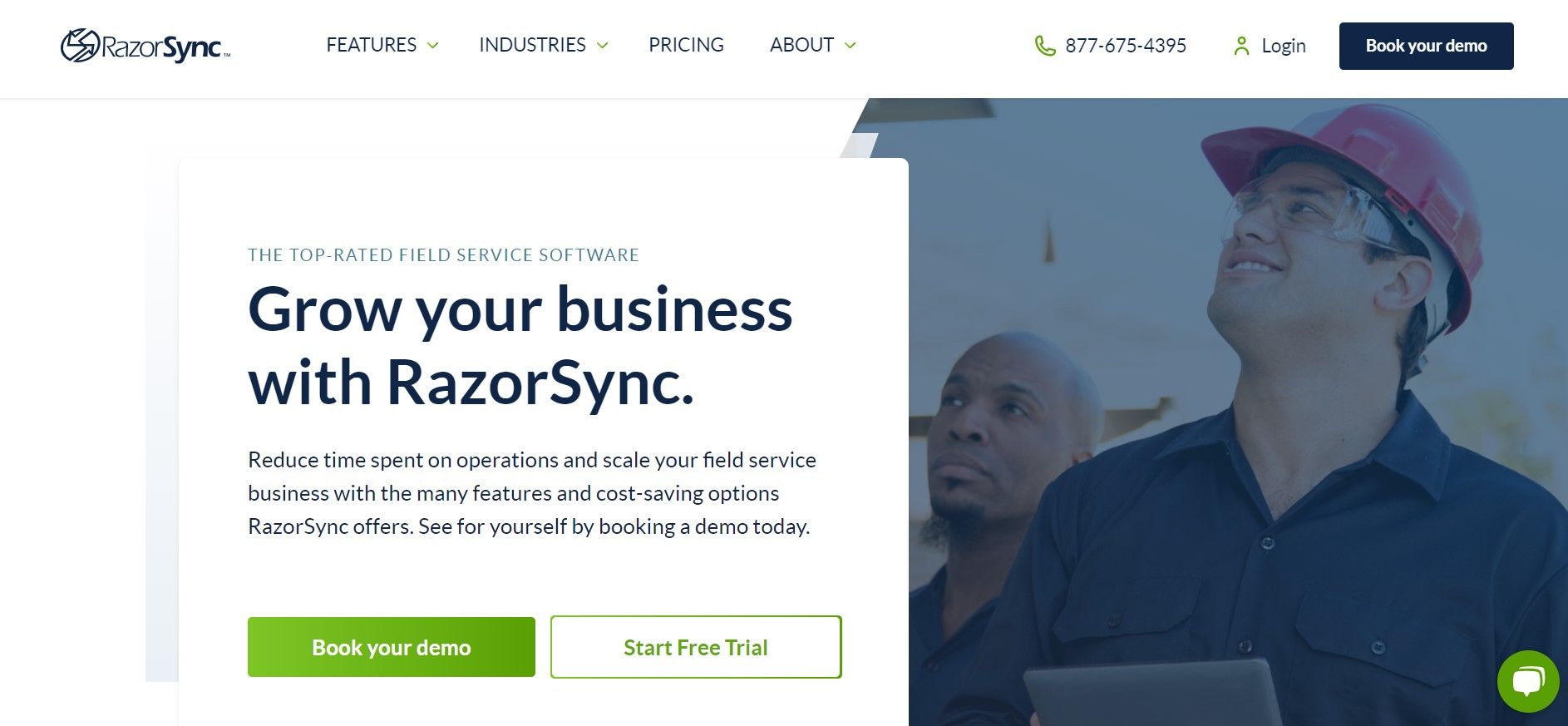 Razorsync homepage showing two workers and saying 'grow you business with razorsync'