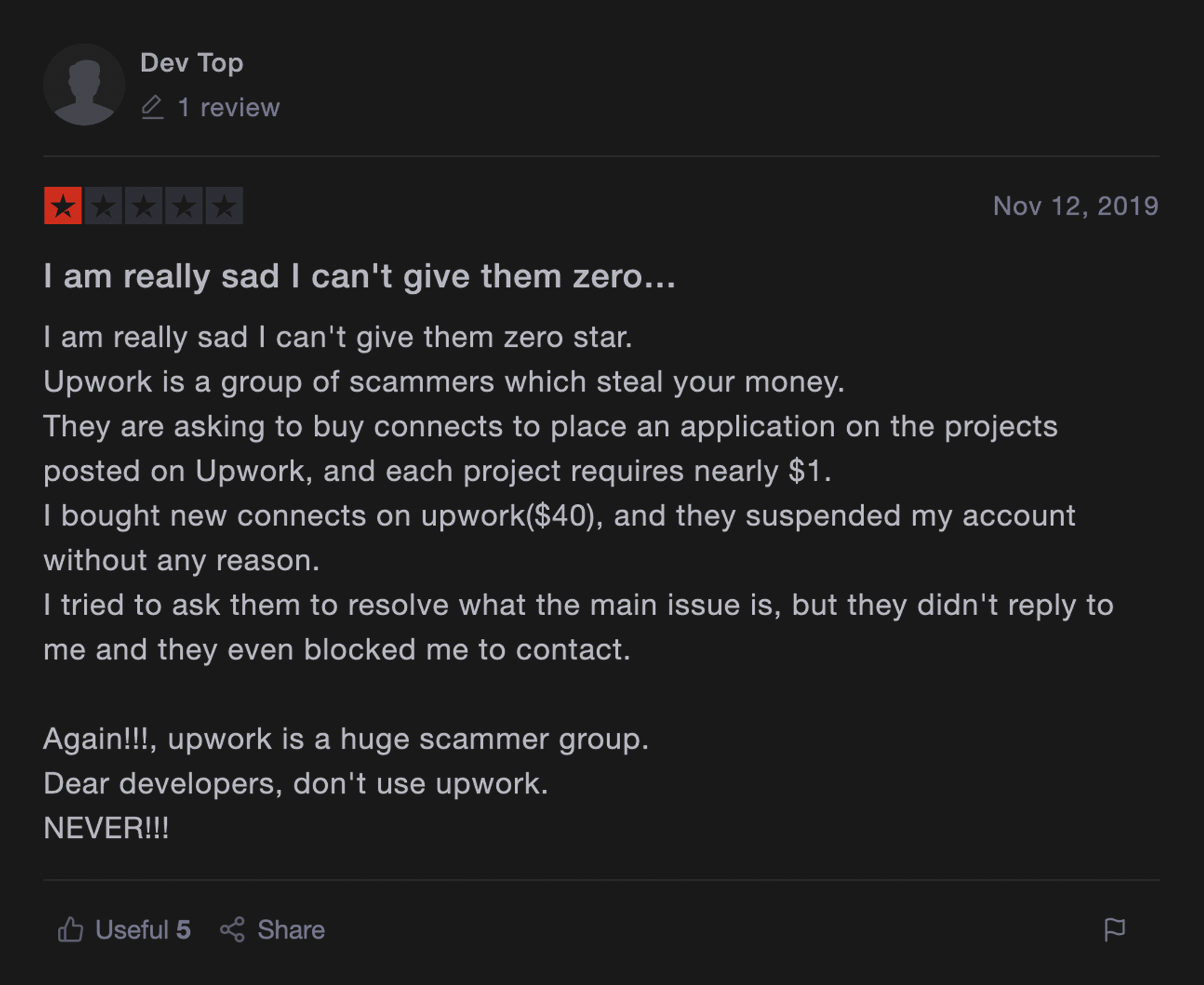 A freelancer's review with 1 star