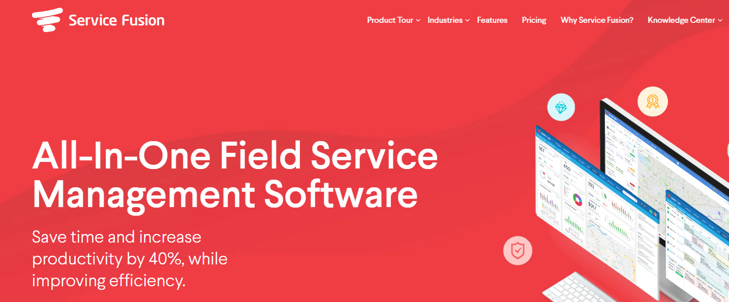Service Fusion website homepage saying 'all-in-one field service management software'