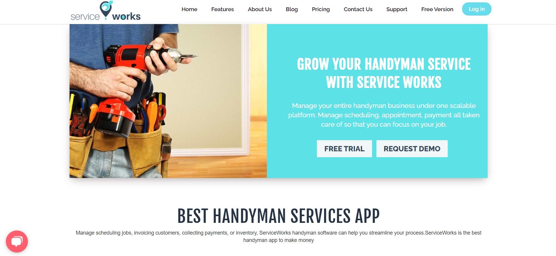 Serviceworks website page showing a handyman with a machine and says 'best handyman services app' in the bottom