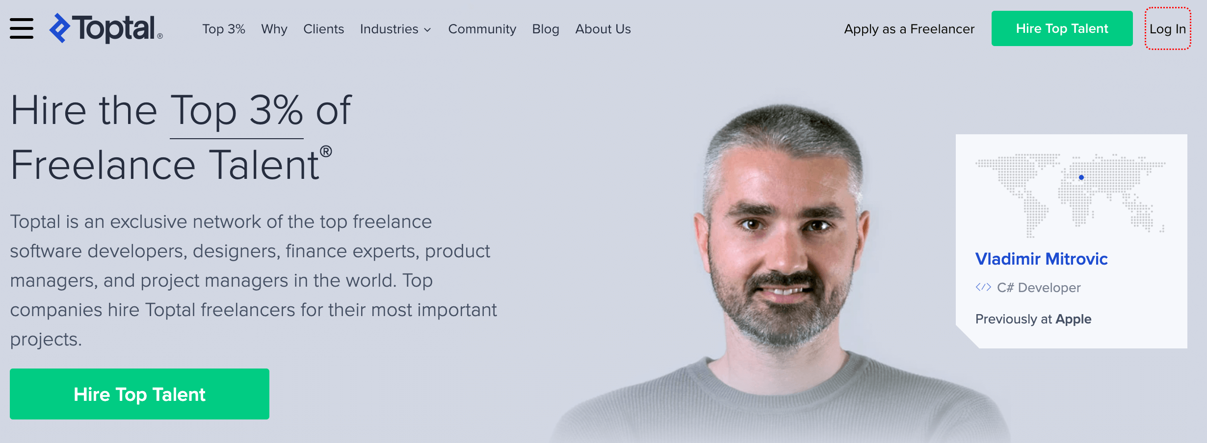 Toptal home page written hire top 3% freelance talent