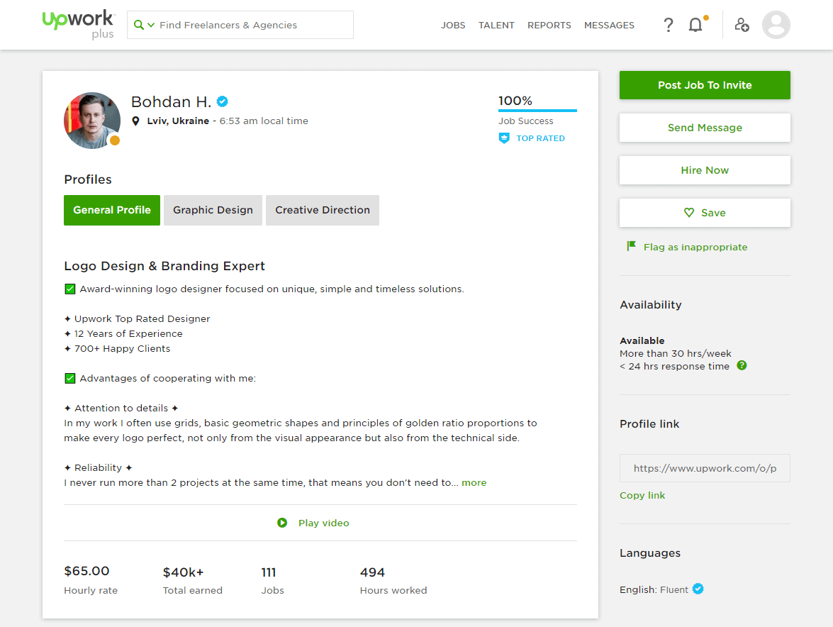 Profile of a person in Upwork