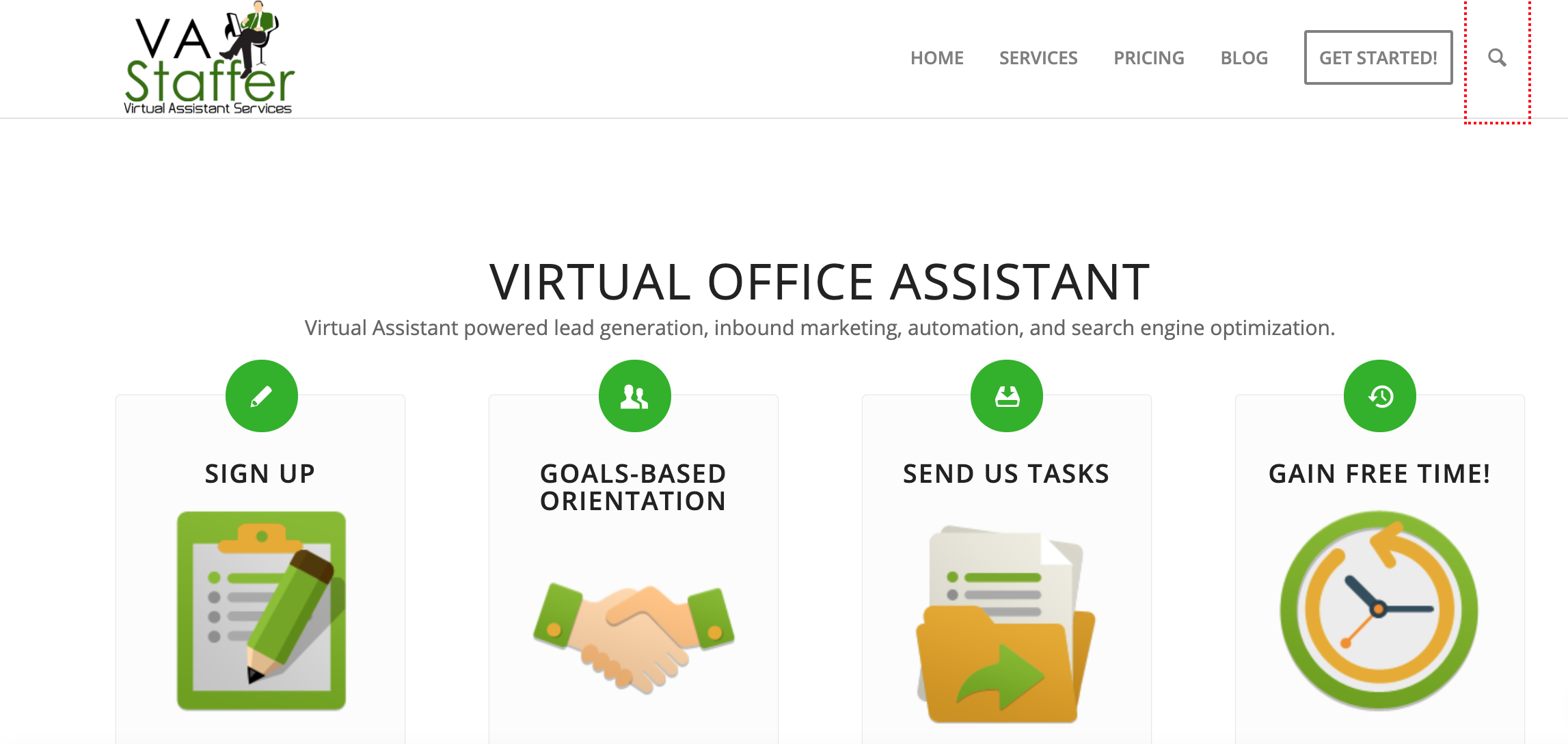 VA Staffer homepage, with title Virtual Office Assistant