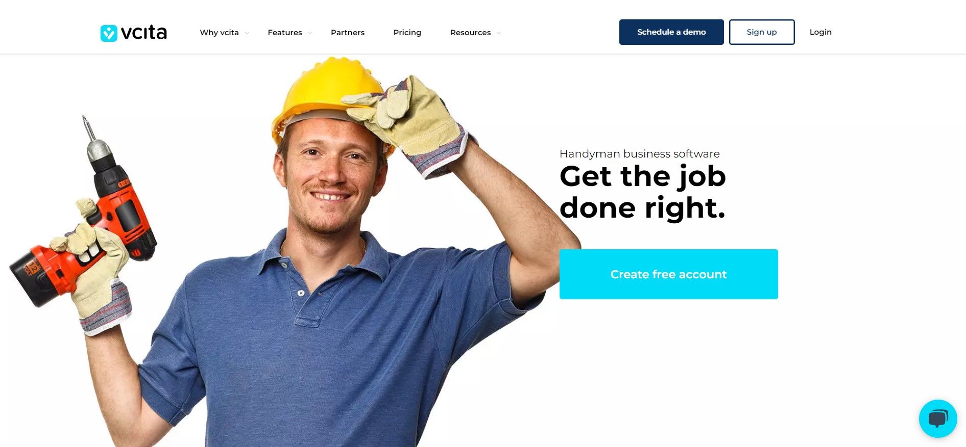 Vcita website page showing a handyman and saying 'get the job done right'