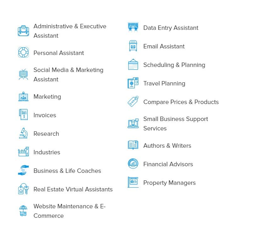 Virtual Assistant Services categories, in 2 columns