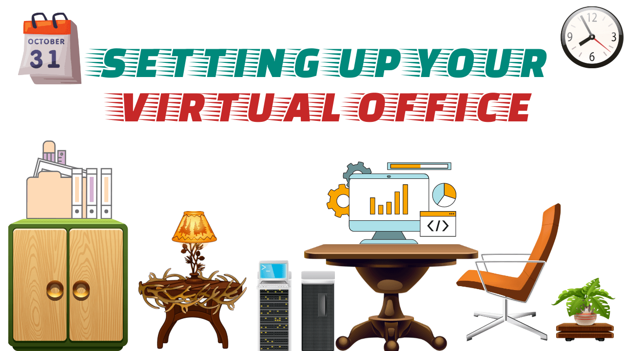 Setting up the virtual office, with desks, chair and shelves