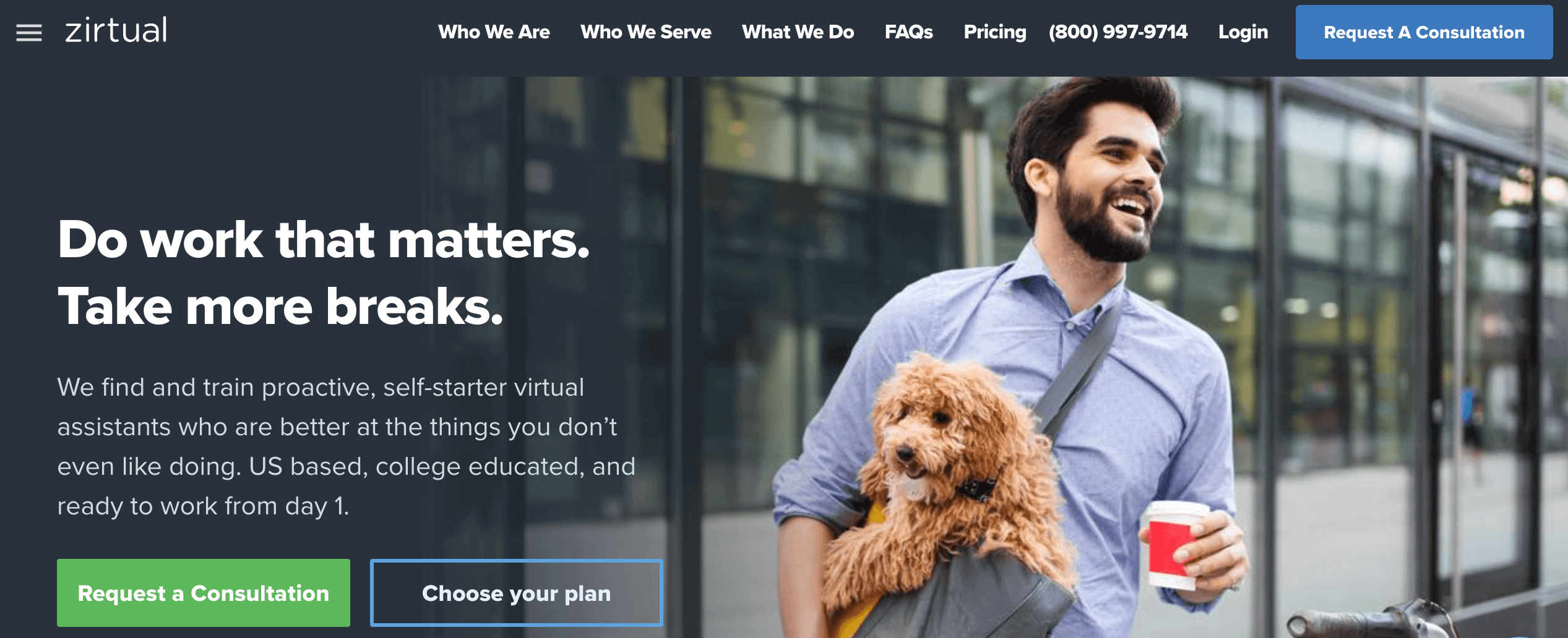 Zirtual homepage, a Virtual Assistant website, with options for requesting a consultation and choose plan with pricing, along with a male carrying a dog in background