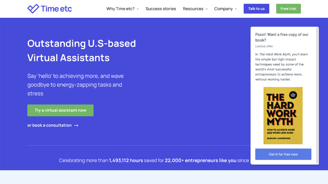Time Etc homepage, with title 'Outstanding U.S-based Virtual Assistants'
