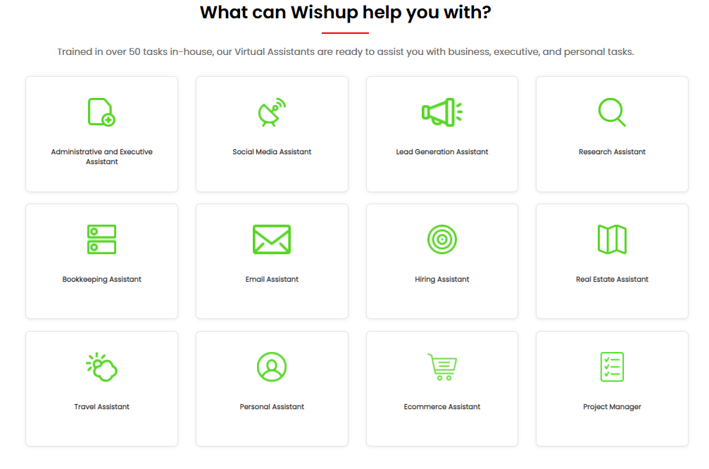 3 by 4 grid table of boxes showing virtual assistant services offered by Wishup