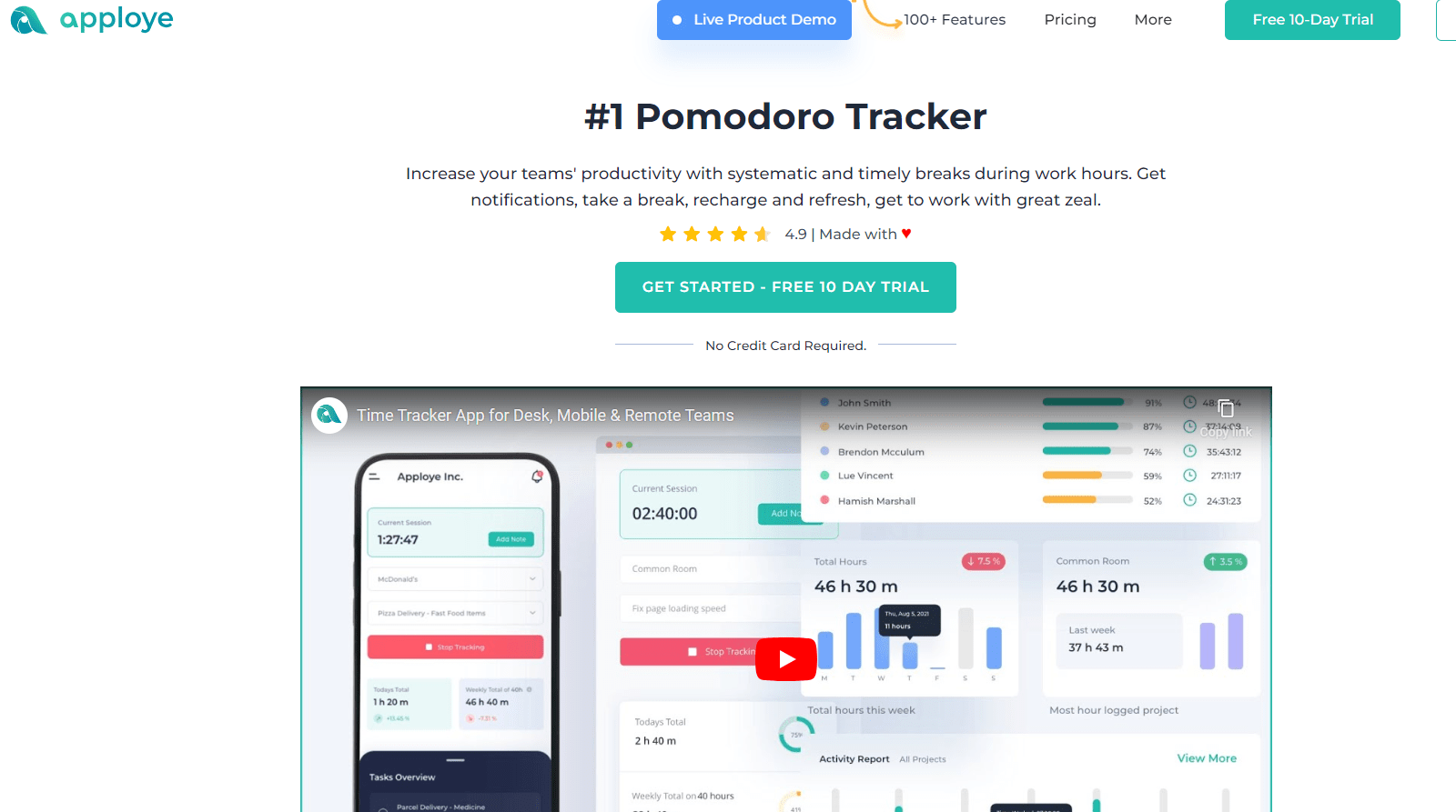 homepage of Apploye pomodoro app