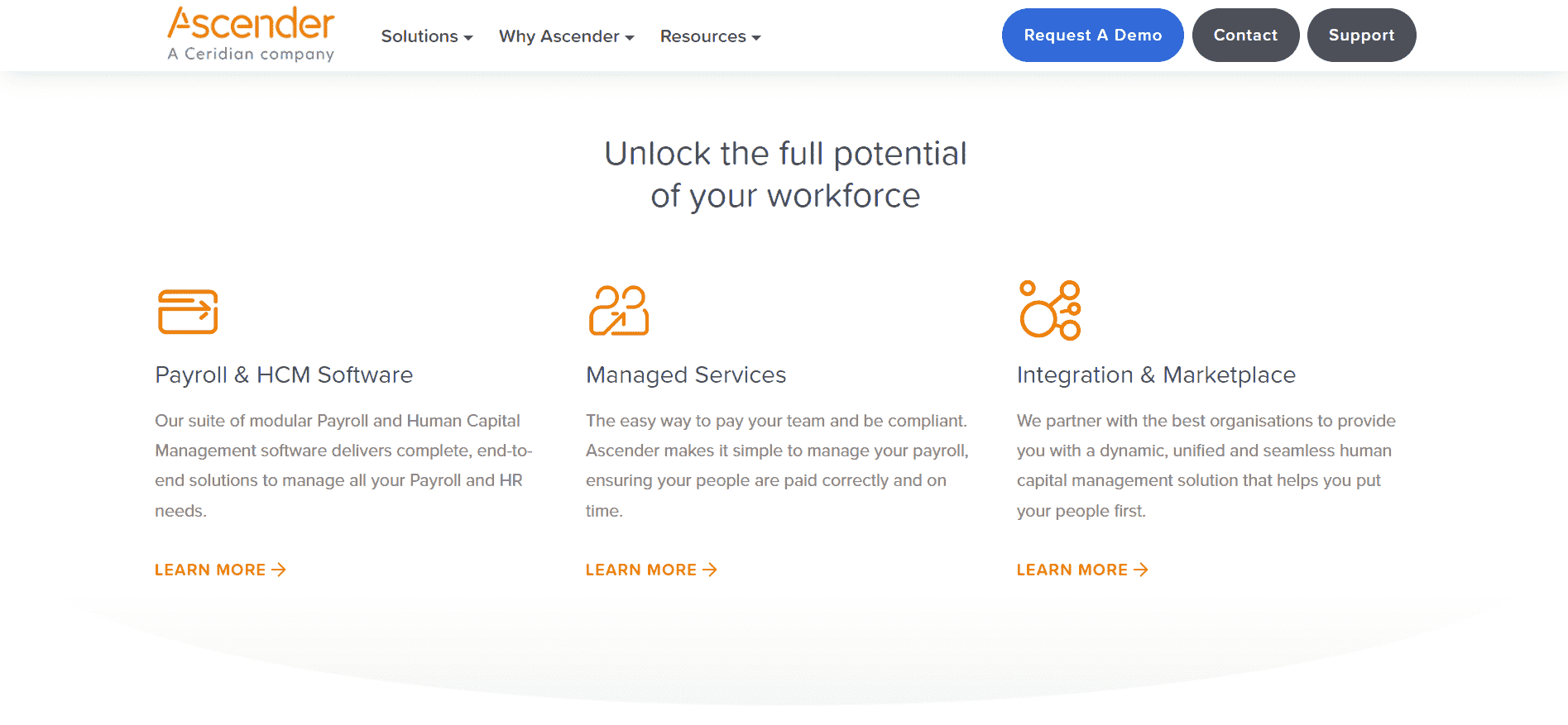 Website homepage of Ascender mentioning 'unlock the full potential of your workforce'