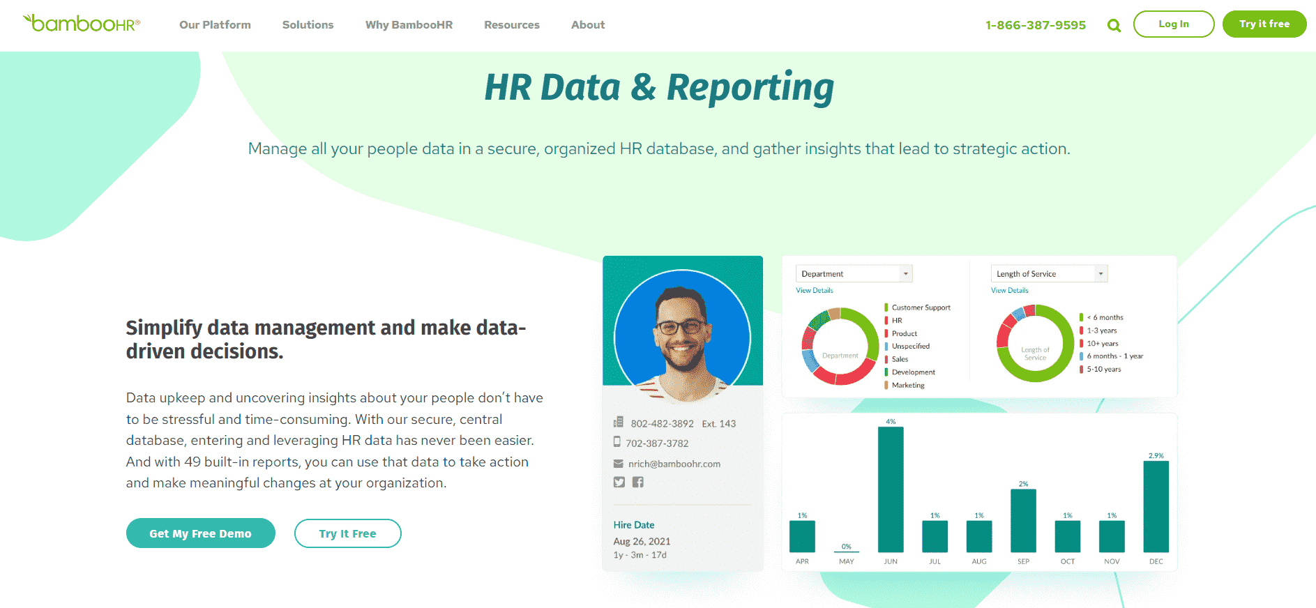 Website homepage of BambooHR one of the best Australian HR software, showing a dashboard and some text.