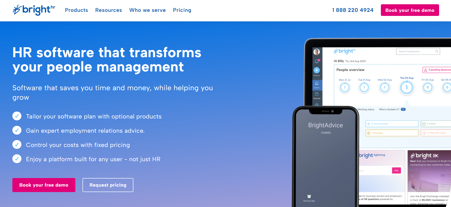 Homepage of BrightHR (one of the finest hr systems in Canada) showing mobile and desktop HR app 