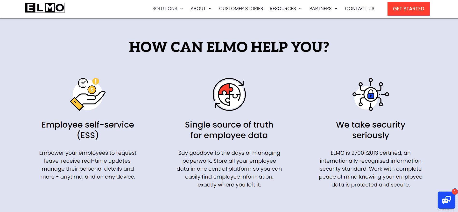 Website homepage of ELMO (Top human resource software) mentioning 'how can elmo help you'