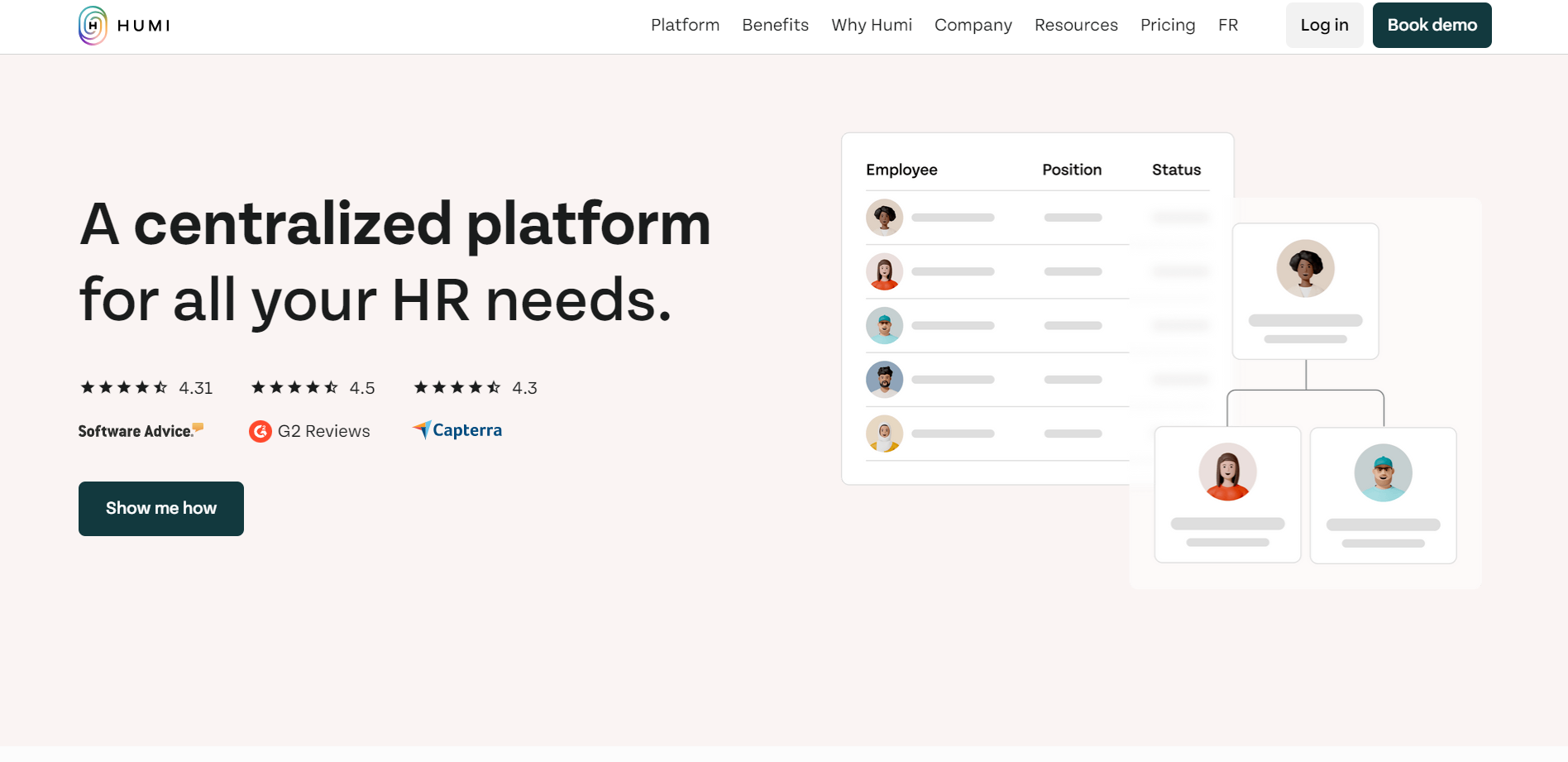 Homepage of Humi website showing their rating on different software review platforms and other symbols depicting HR software.