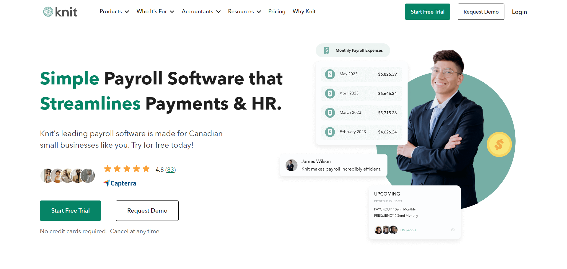 Homepage of Knit website mentioning 'Simple Payroll Software that Streamlines Payment & HR'