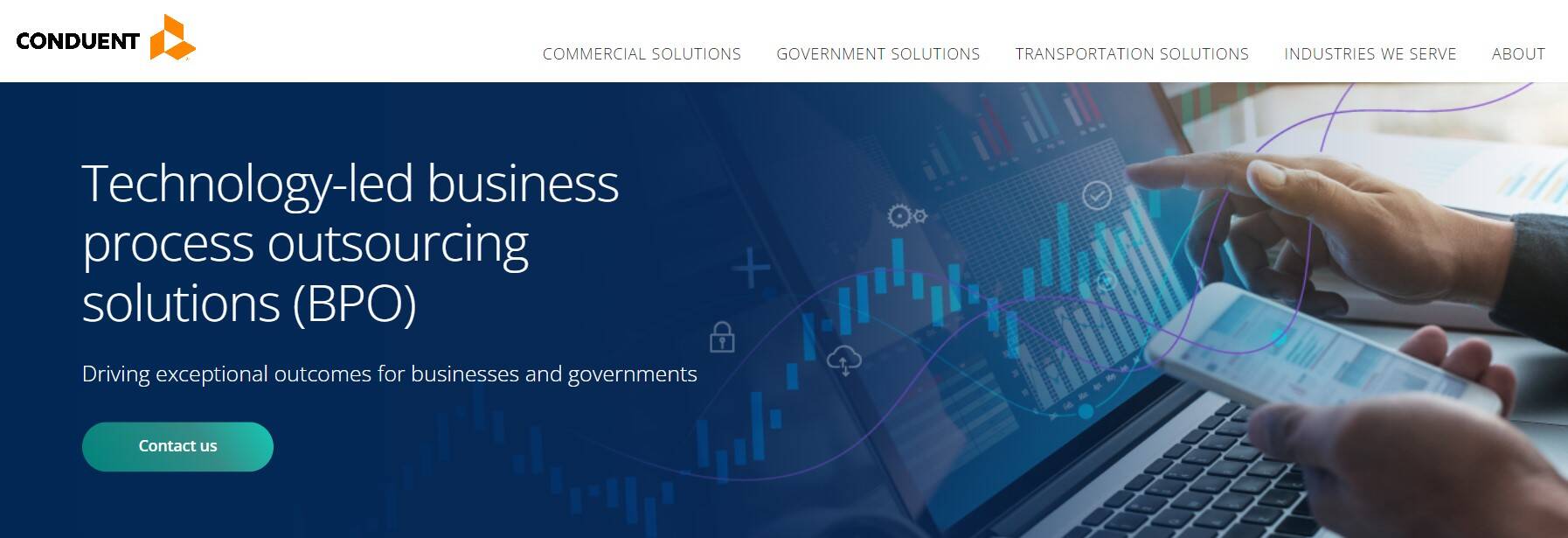 Conduent's website home page featuring technological progress with improved statistical graph on mobile and computer screen.