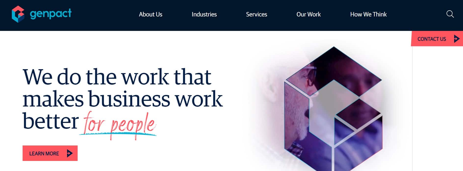 Genpact's website home page image; written we do the work that makes business work better for people in it. 