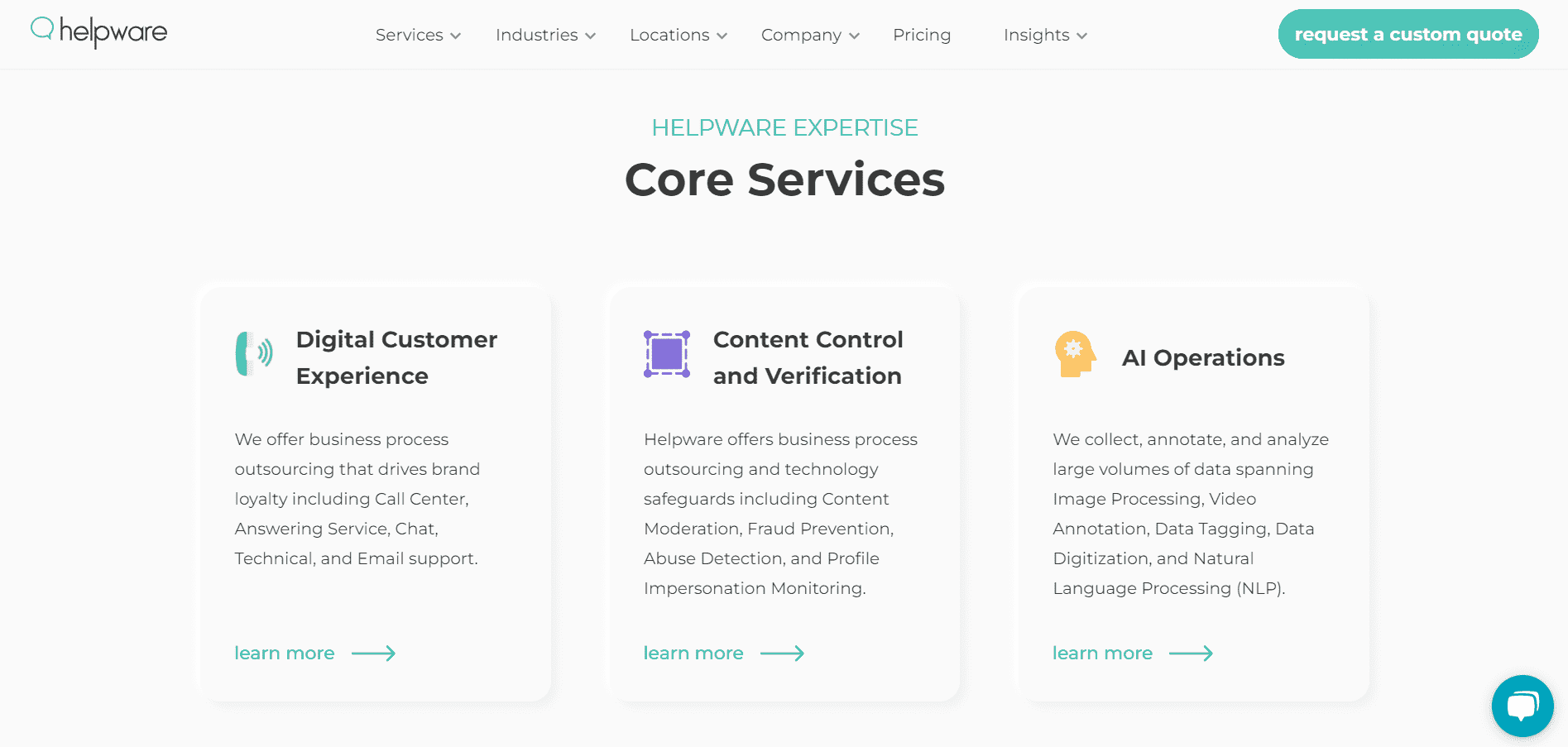 Helpware's website's content, written about their core services.