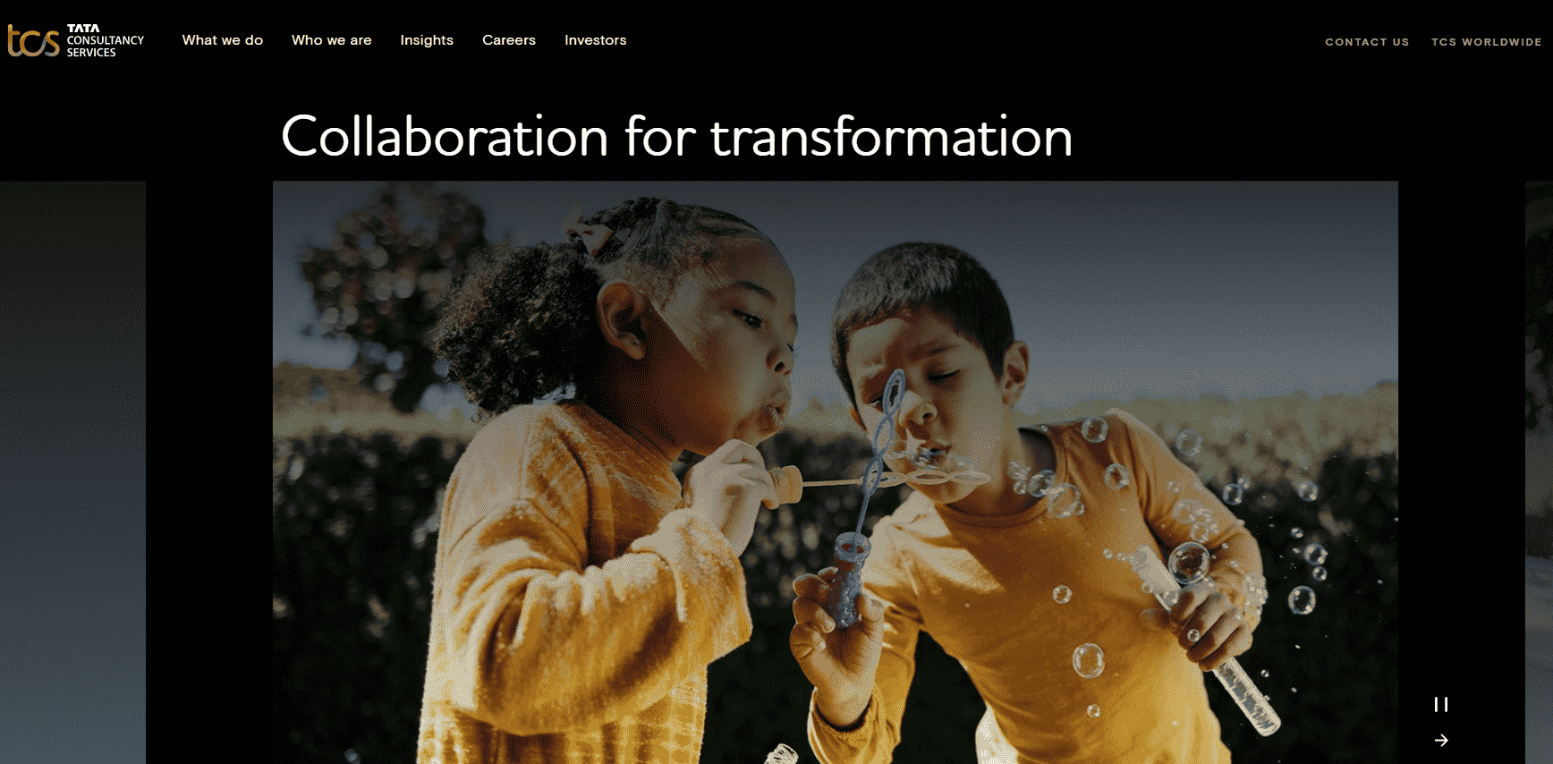 Tata Consultancy Services (TCS) webpage written, collaboration for transformation on it.