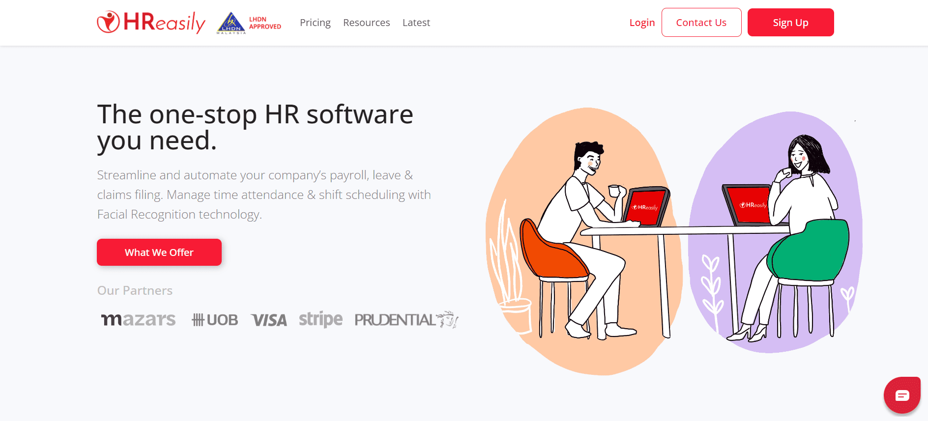 Homepage of HReasily, showing avatar of two person and on the side it's mentioned "the one stop hr you need"