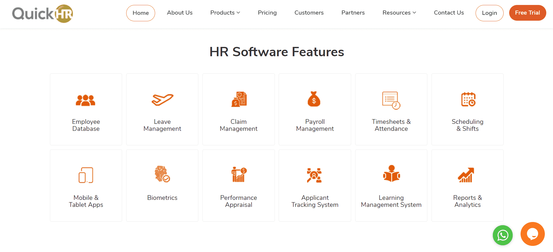 Homepage image of QuickHR mentioning about various HR software features they have.