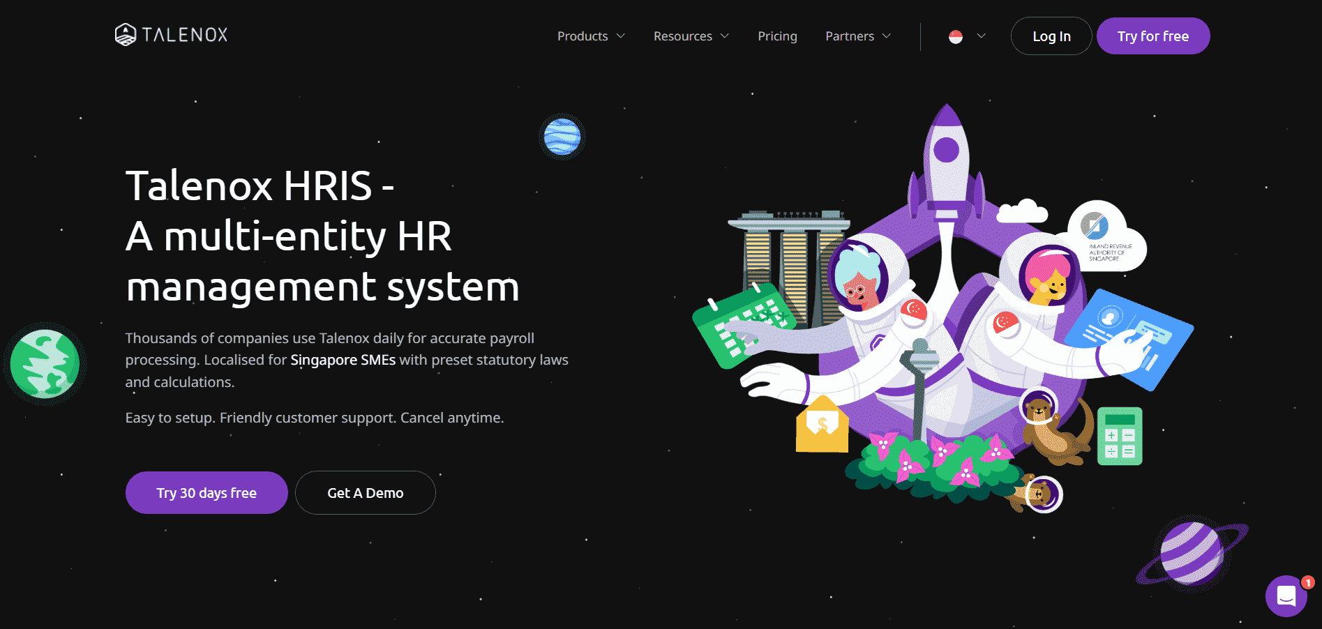 Homepage of Talenox mentioning 'a multi-entity HR management system' and space theme human avatar
