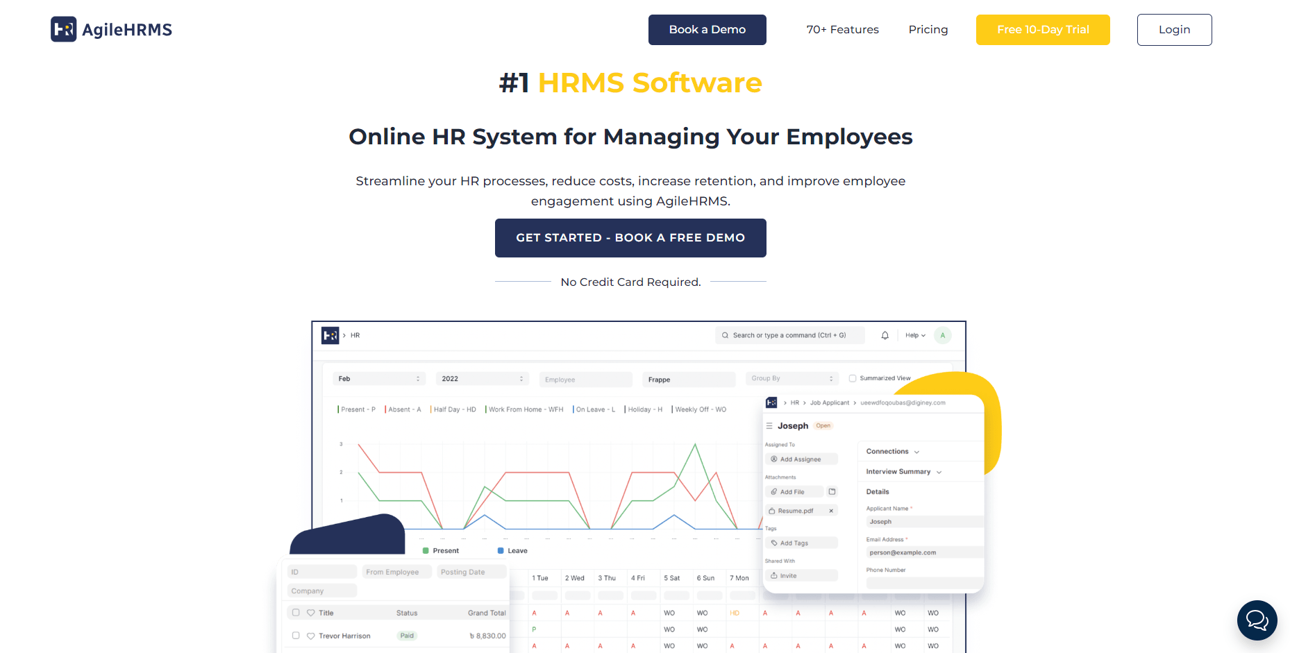 Homepage of AgileHRMS, with texts mentioning Online HR system for managing your employees, along with few screenshots of the HR system