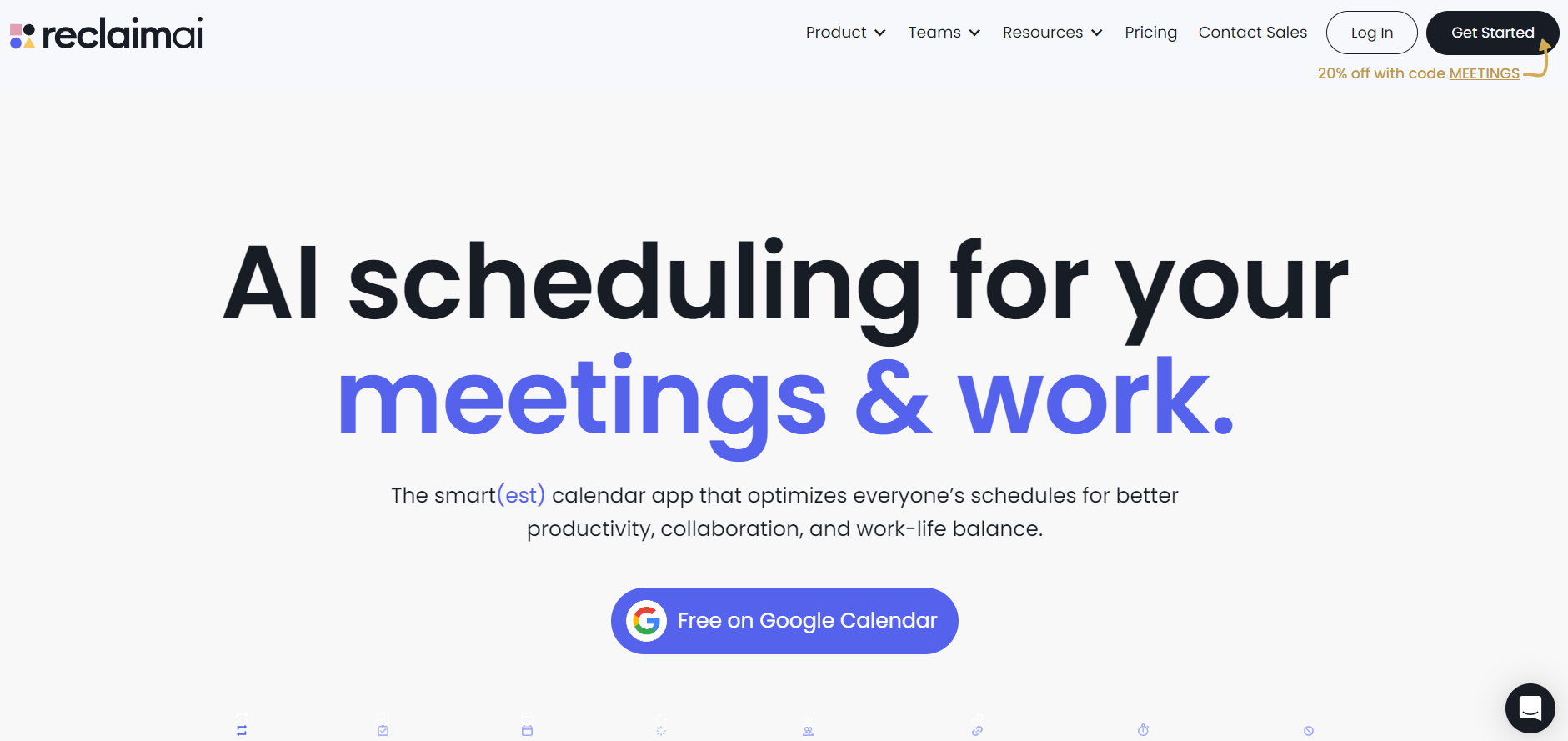 A cover image  of reclaimai website stating AI scheduling for meeting & work.
