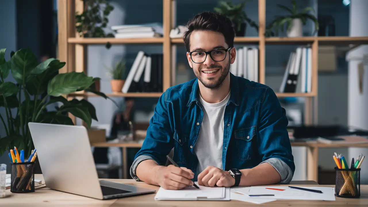 Young male sitting on his desk smiling with a laptop infront of him.