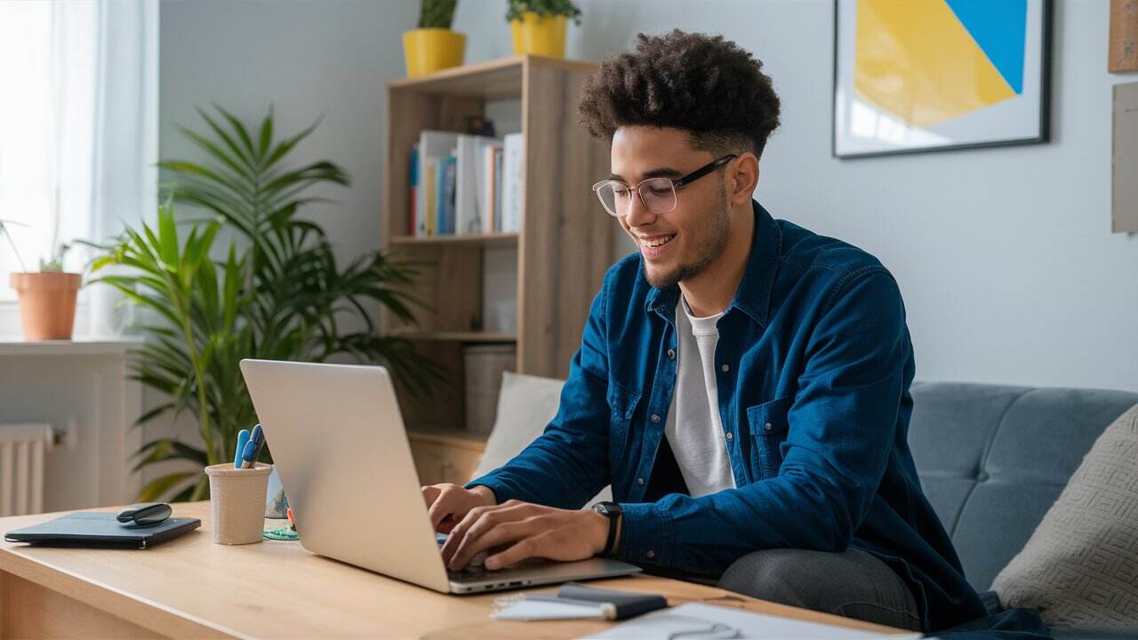 a young aged man working remotely from couch and his laptop is sitted on the table.