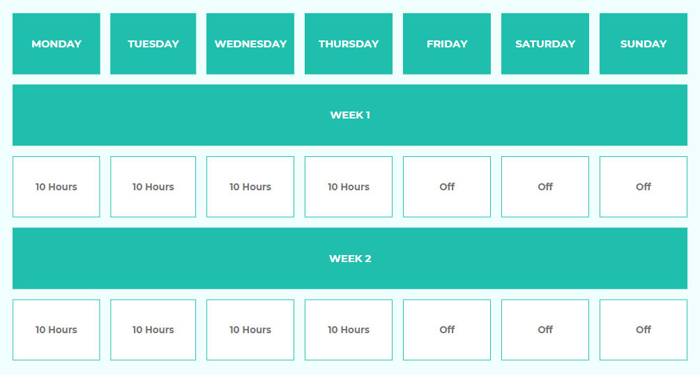 Picture of a table showcasing the 4/10 shift schedule.