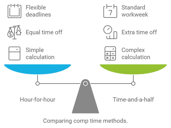 Comparison of comp time methods: hour-for-hour vs time-and-a-half, showing benefits like extra time off and simple vs complex calculation.