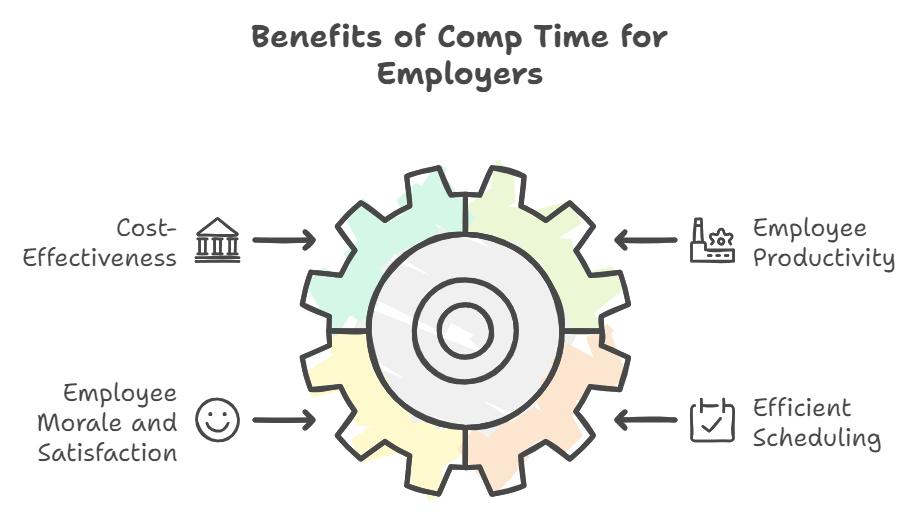 Infographic of compensatory time benefits for employers: cost-effectiveness, employee productivity, morale, and efficient scheduling.